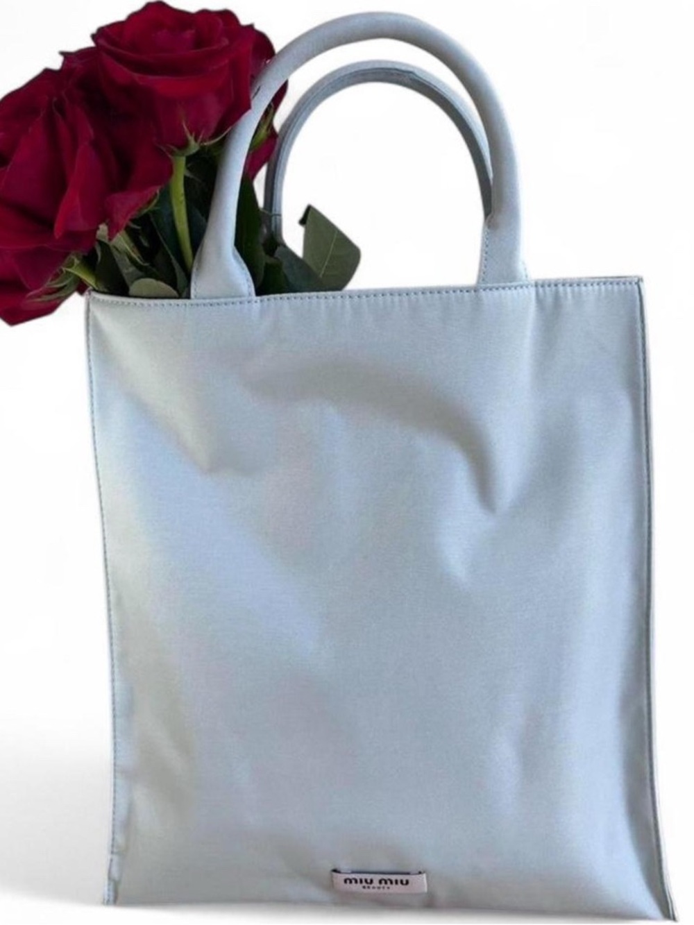 Authentic Miu Miu Pastel Blue Canvas Tote Bag with Black inside lining